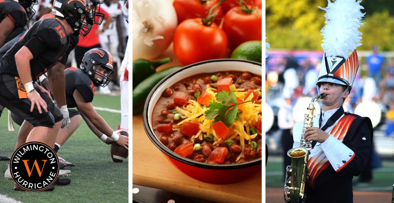 Link to Homecoming details - photo collage of chili, football players, and band members